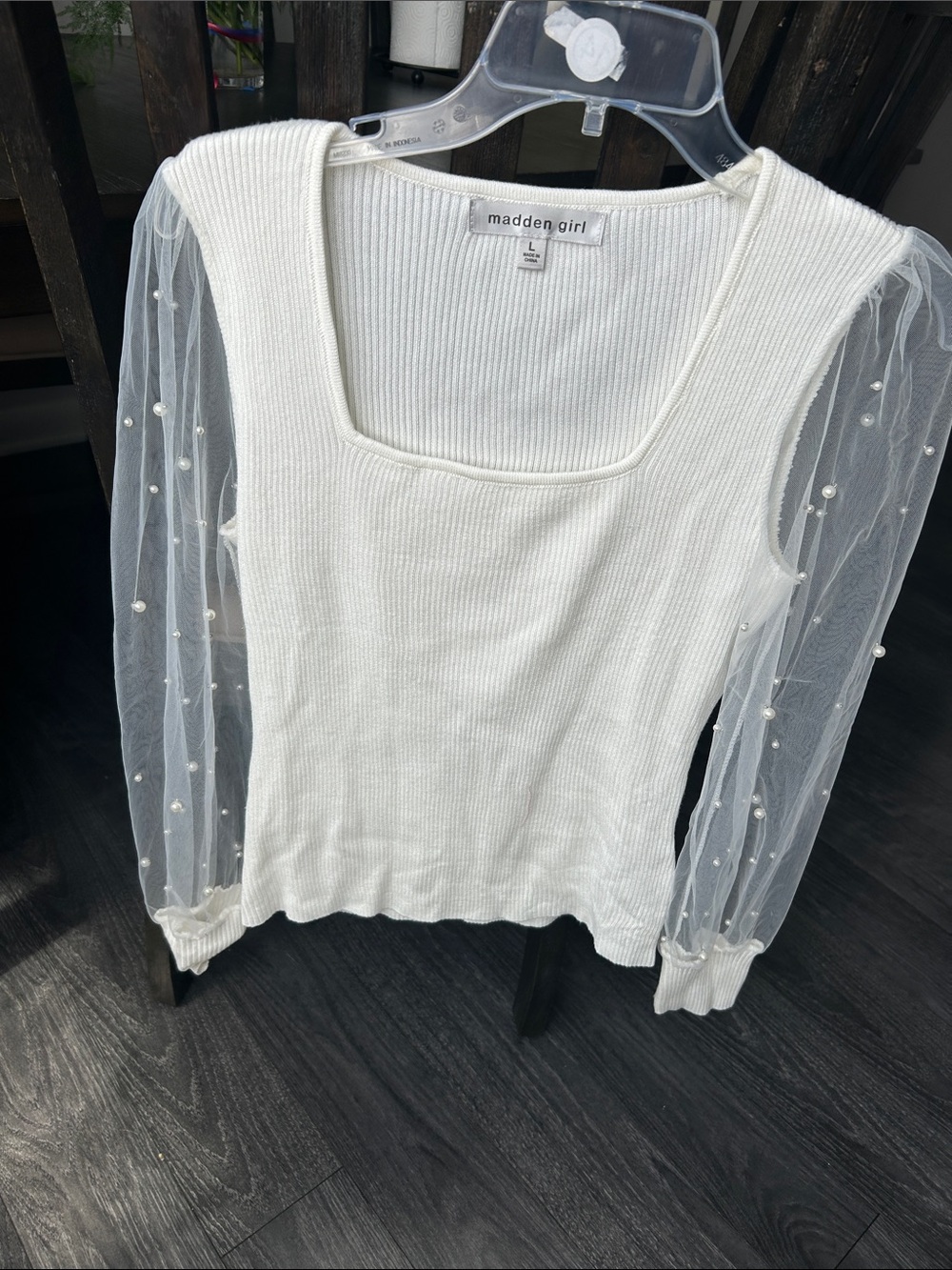 Madden Girl White Ribbed Top with Pearl-Embellished Sheer Sleeves - Picture 3 of 4
